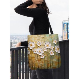 Women White Floral Pattern Print Shoulder Bag Handbag Tote