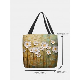 Women White Floral Pattern Print Shoulder Bag Handbag Tote